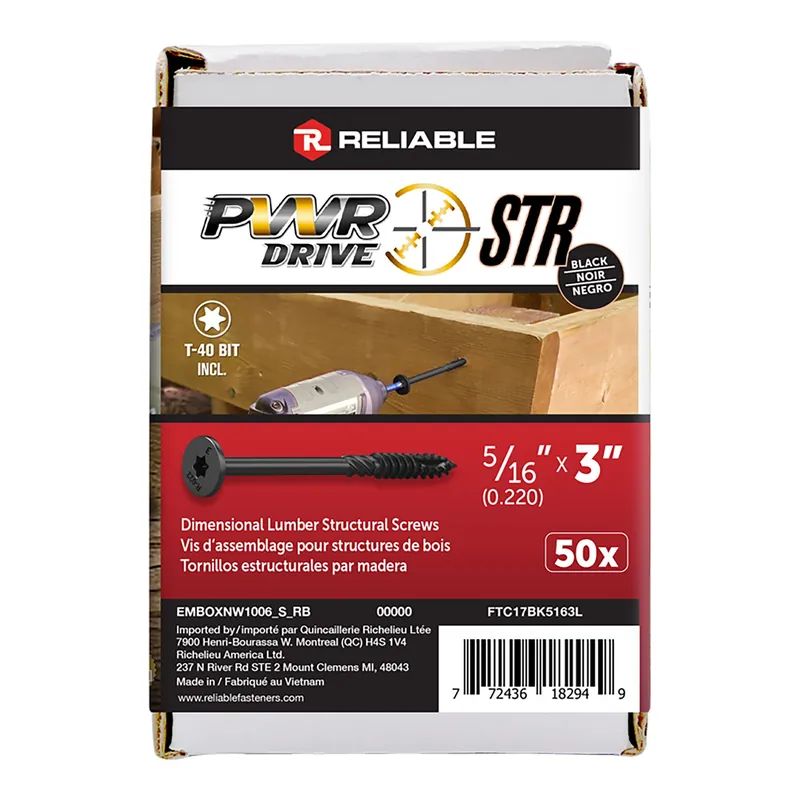 Top Vente Vis structurale, PWR, T17, noir, 5/16&Prime; x 3&Prime;, 50/pqt